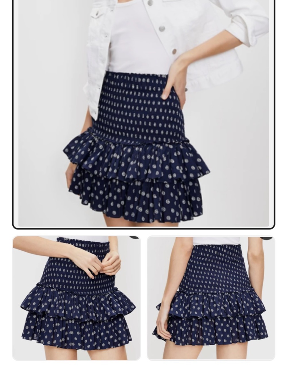 LOFT Navy Blue Tiered Ruffle Mini Skirt, White shell print, Size L